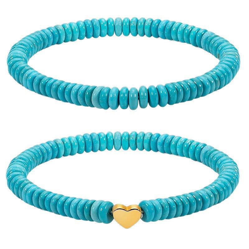 Vintage Natural Stone Agate Turquoise Heart Round Beaded Stretch Bracelet for Women