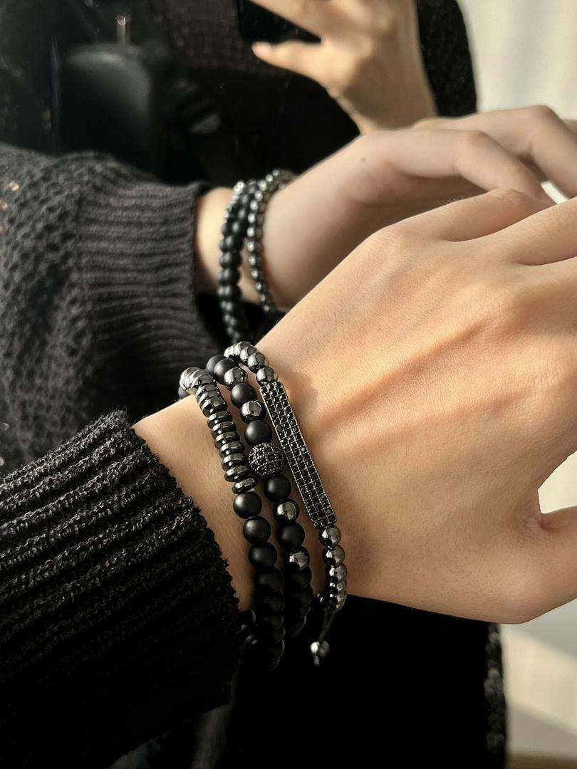 Men's Multi-Layer Matte Hematite Lava Stone Wood Bead Bracelet Set Geometric Round Elastic Band