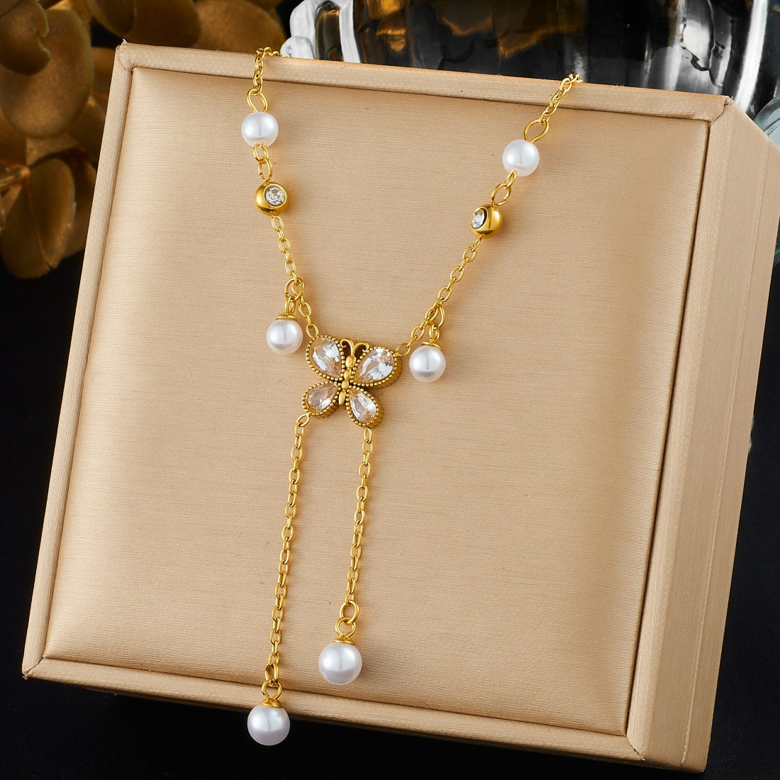 Elegant Butterfly Rhinestone and Imitation Pearl Tassel Pendant Necklace Stainless Steel for Women