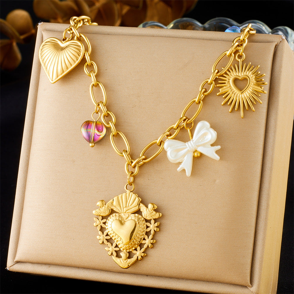 French Vintage Heart Floral Pearl Gemstone Plated Stainless Steel Curb Chain Necklace for Women