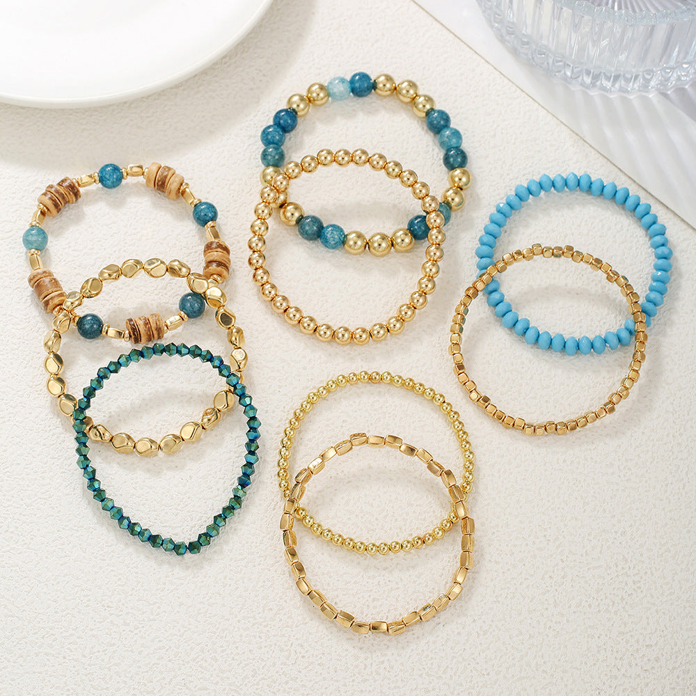 Bohemian Blue Geometric Round Wood and Crystal Beaded Bracelet Set