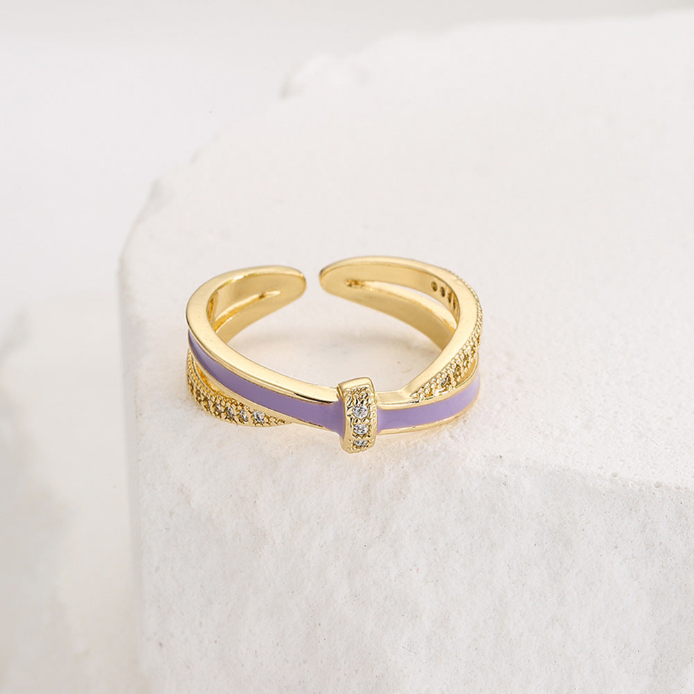 Minimalist Geometric Open Ring for Women in Copper with 18K Gold Plating and Enamel Finish, Set with Zircon