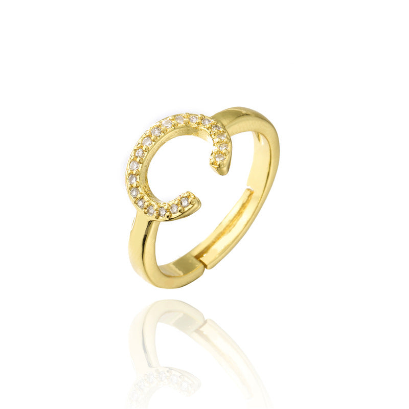 Fashion 18K Gold Plated Brass Micro-inlay Letter Ring Adjustable Open Band for Women
