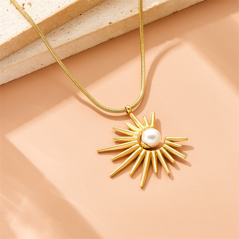 Conjunto de collar, aretes y anillo vintage de girasol con perlas para mujer, cadena de caja de acero inoxidable enchapado