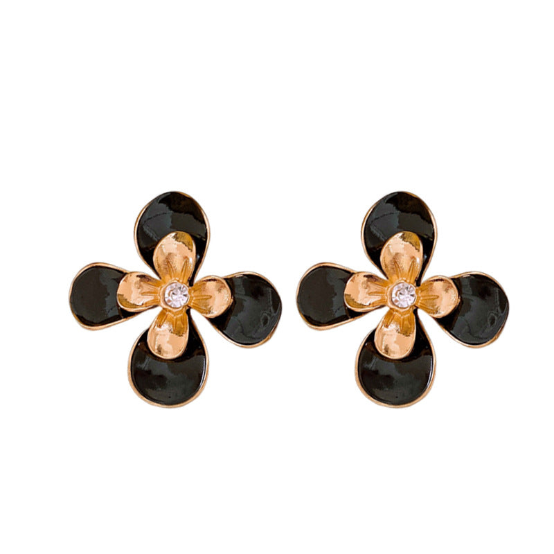 Vintage Floral Earrings with Enamel Finish and Rhinestone Inlay in Alloy with Stainless Steel Posts for Women