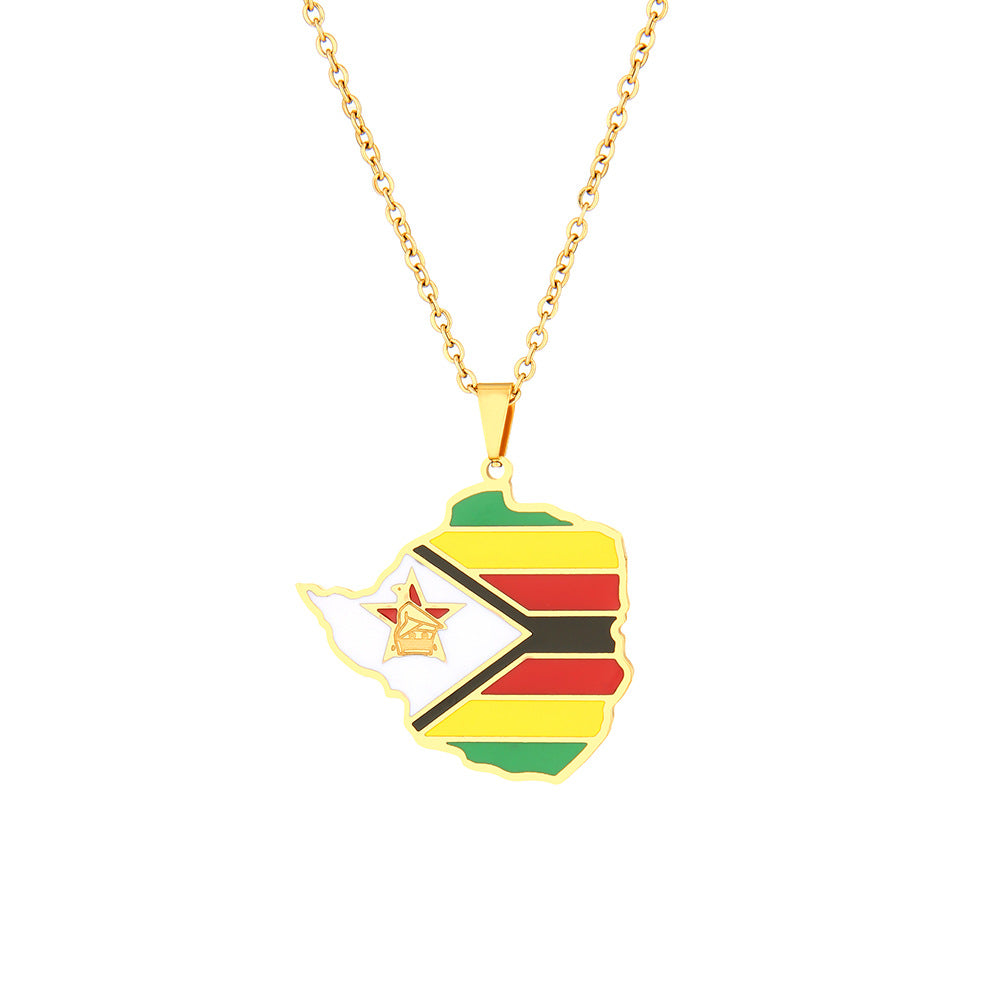 Collana con Pendente Mappa Geometrica dello Zimbabwe in Acciaio Inossidabile con Ciondolo in Acciaio al Titanio, Catena a O Elettroplaccata, Accessorio di Moda Unisex