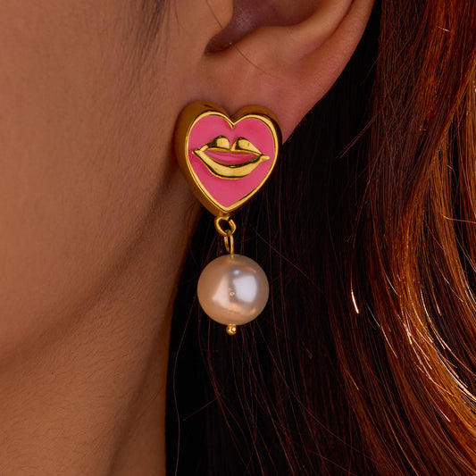 18K Gold Plated Stainless Steel Heart and Lips Pearl Drop Earrings for Women