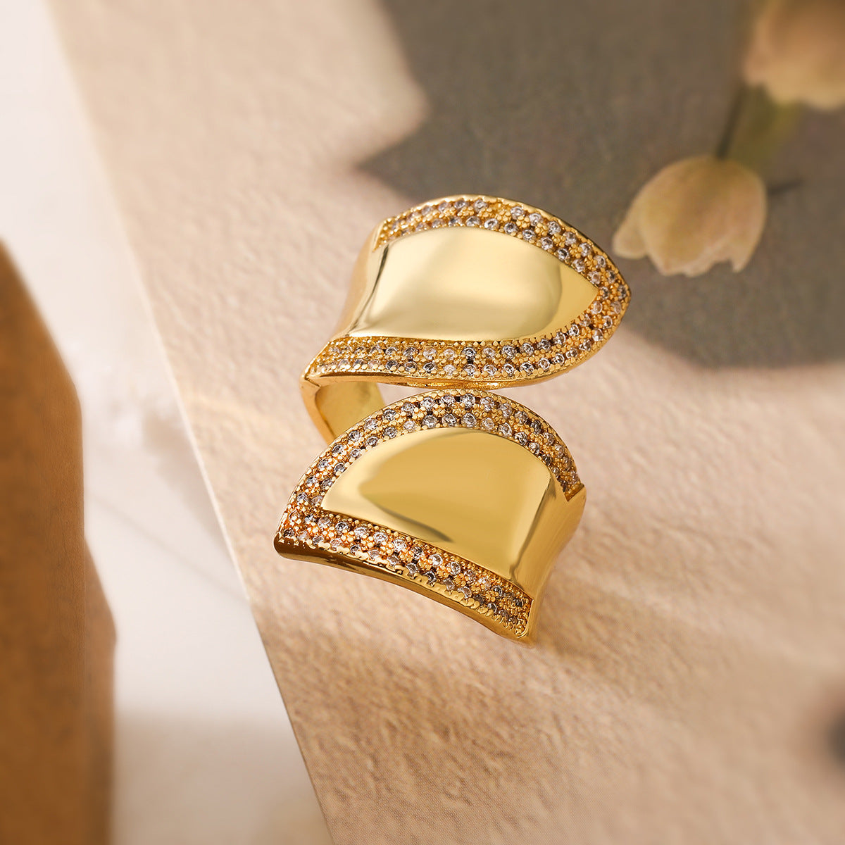 Minimalist Geometric Open Ring for Women in Copper with 18K Gold Plating and Micro-Pave Detailing