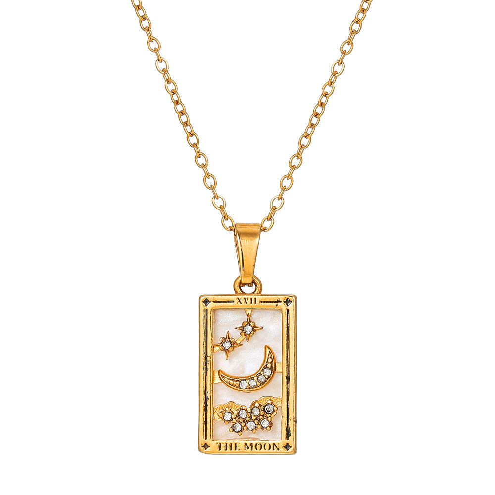 Vintage Casual Rectangle Drip Oil Cubic Zirconia Stainless Steel Necklace with Geometric Tarot Pendant Cable Chain Unisex