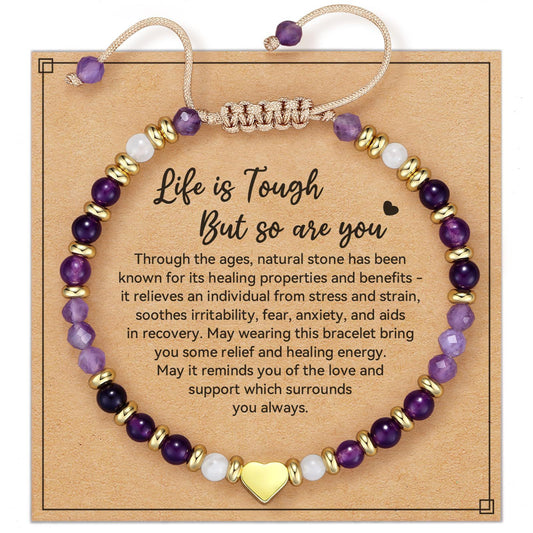 Minimalist Heart Picture Stone and Amethyst Beaded Bracelet for Women