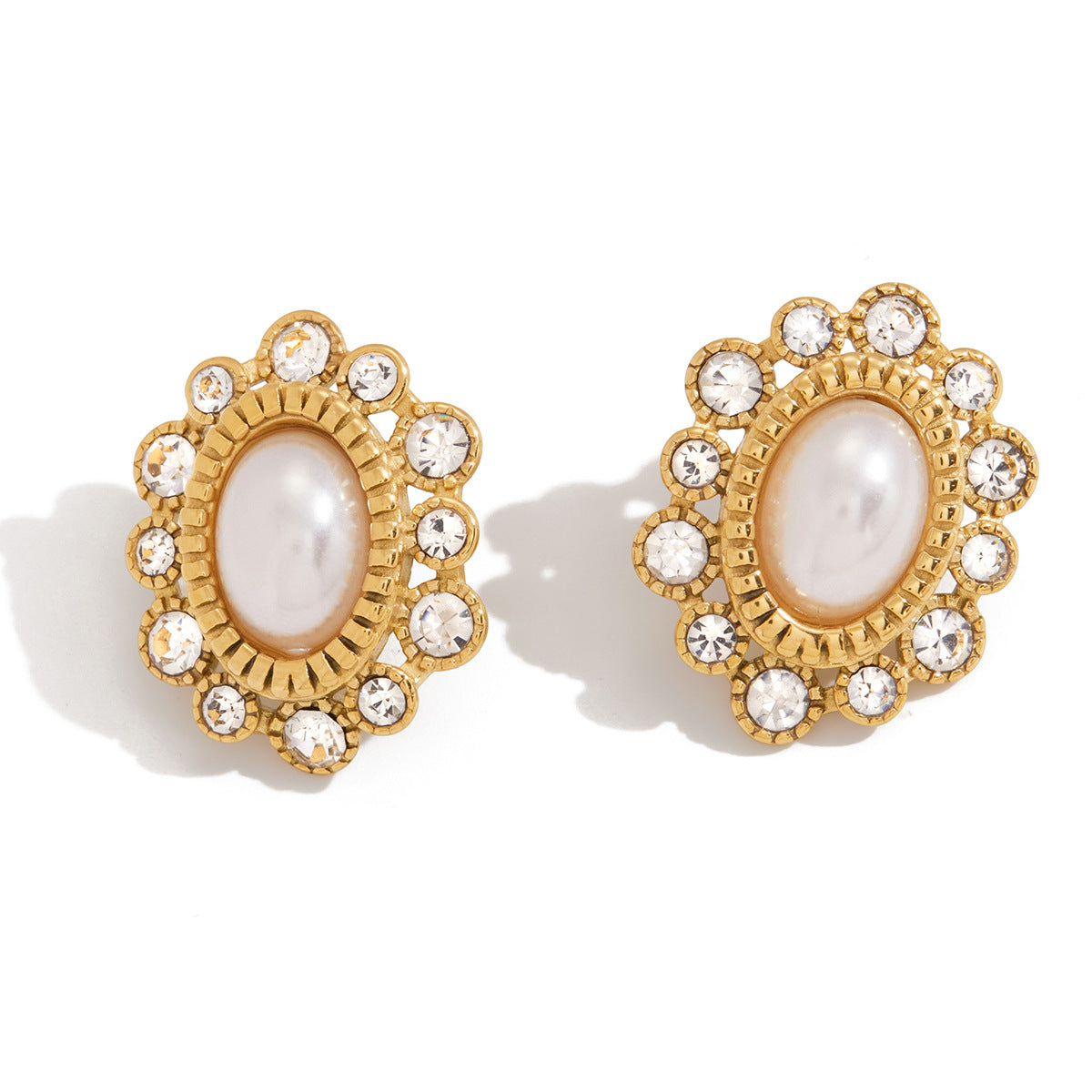 Orecchini geometrici in acciaio inossidabile da donna con perle in resina e intarsi in strass