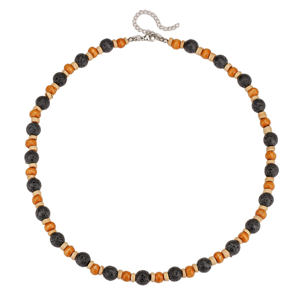 Geometric Wood and Natural Volcanic Stone Beaded Necklace for Men and Women