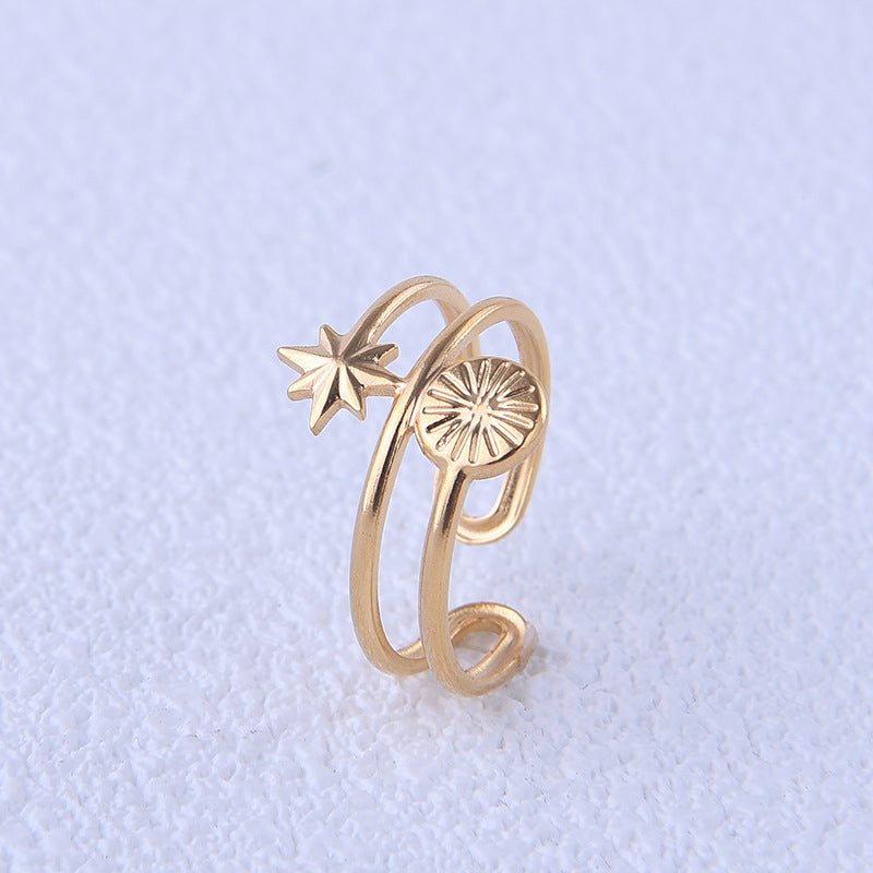 Minimalist Sun Star Titanium Steel Plated Open Ring for Women