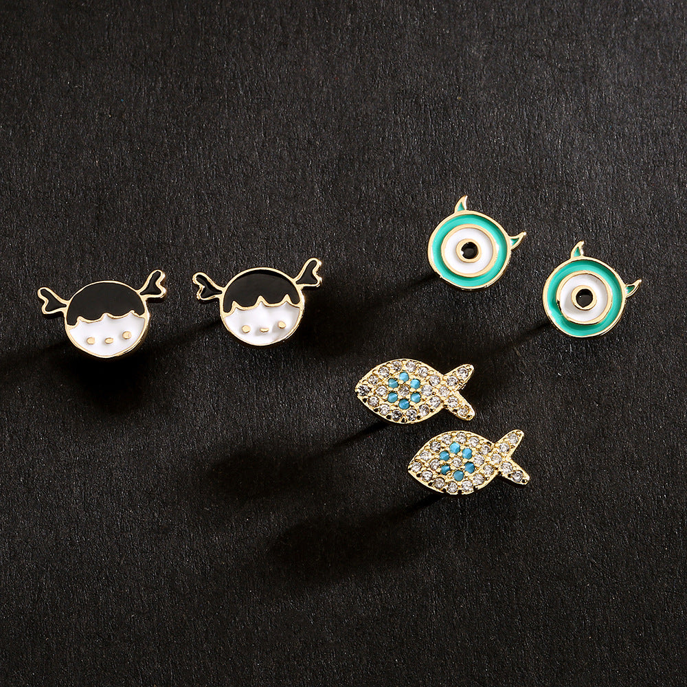 Cute Minimalist Geometric Fish-Shaped Copper Earrings with 18K Gold Plating and Zircon Inlay
