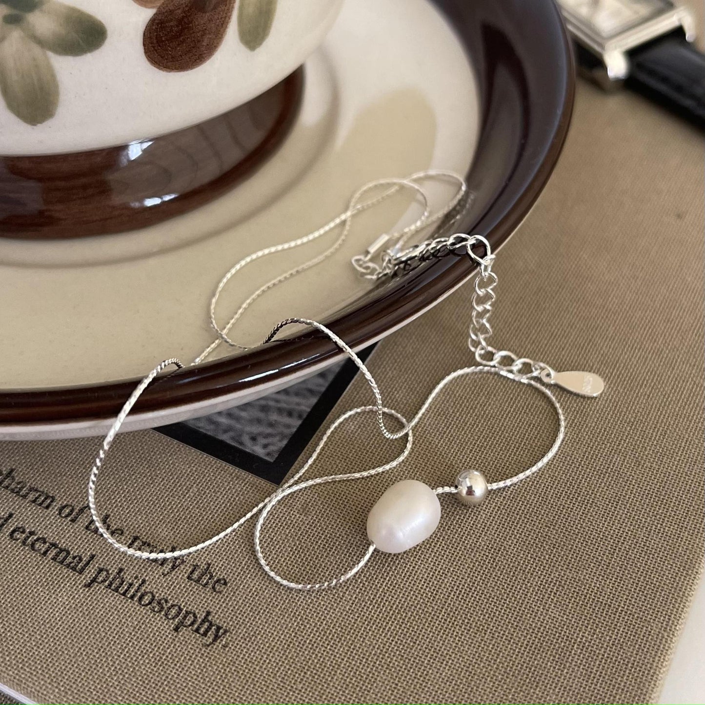Minimalist Geometric Pearl Necklace in 925 Sterling Silver with Rhodium Plating on Snake Chain