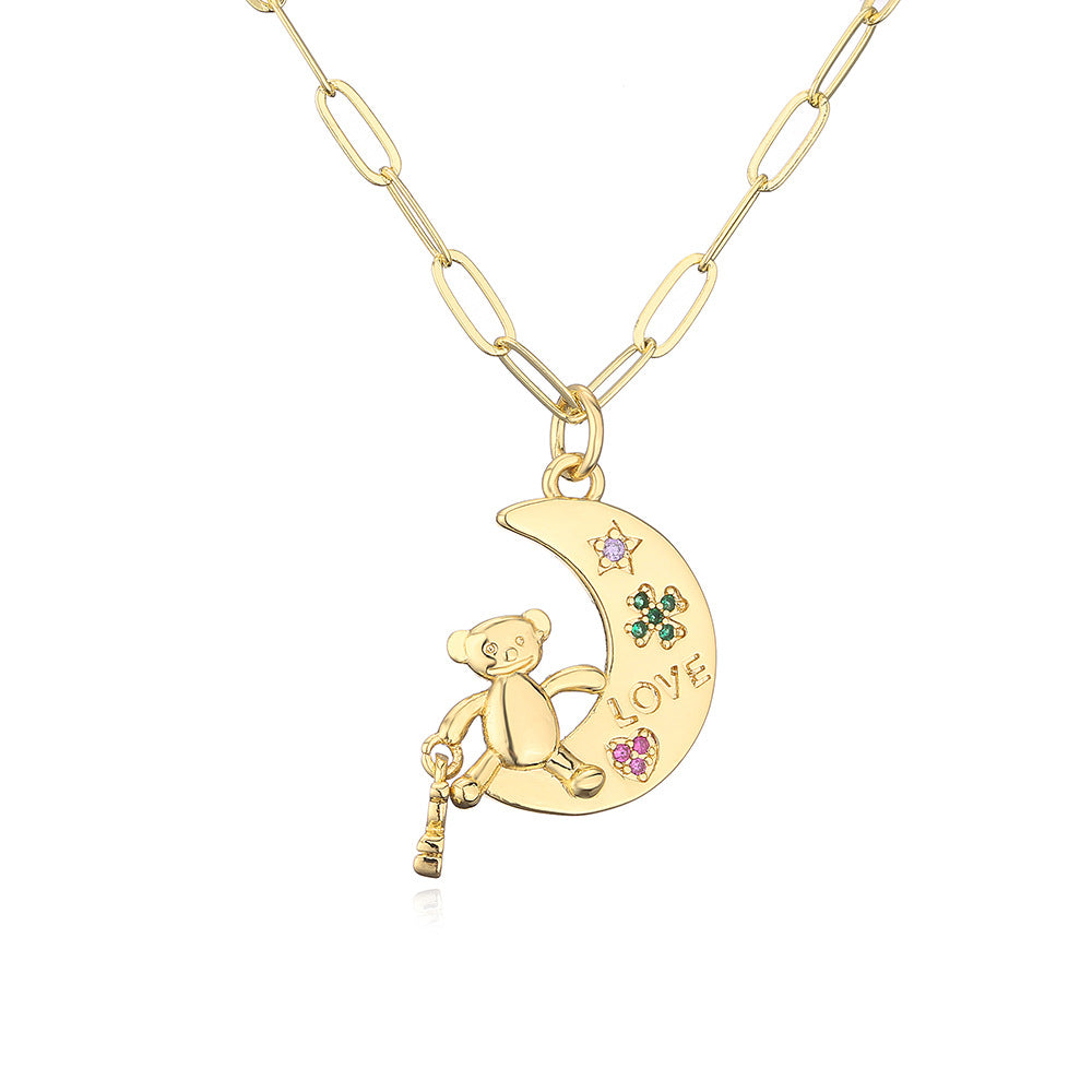 Cute Style Geometric LOVE Bear Pendant Necklace for Women with Copper Base Plated in 18K Gold and Micro-Paved Zirconia