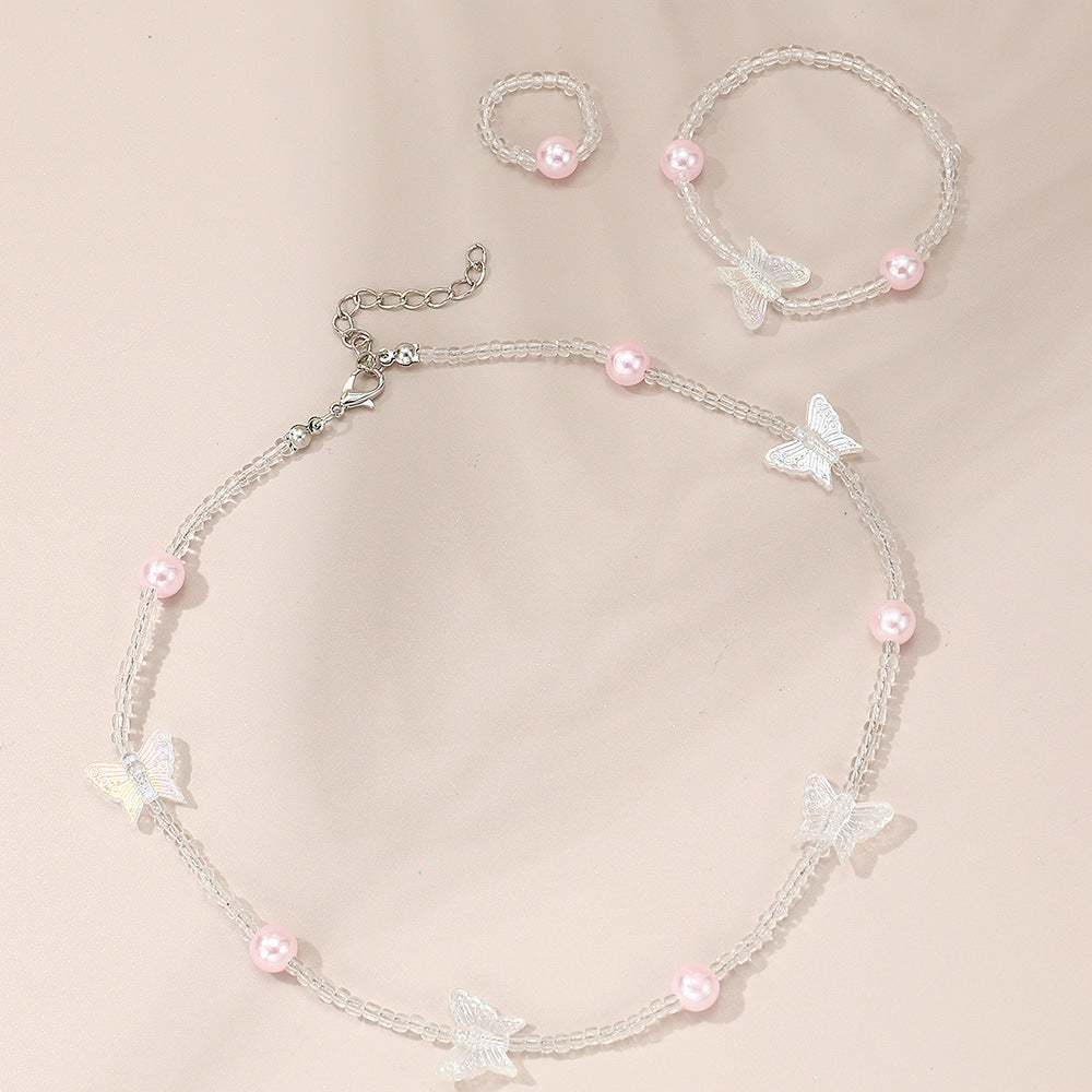 Precioso collar de resina con forma de mariposa para niñas con detalles de perlas, cadena de cuentas redondas, estilo princesa, para mayores de 6 años