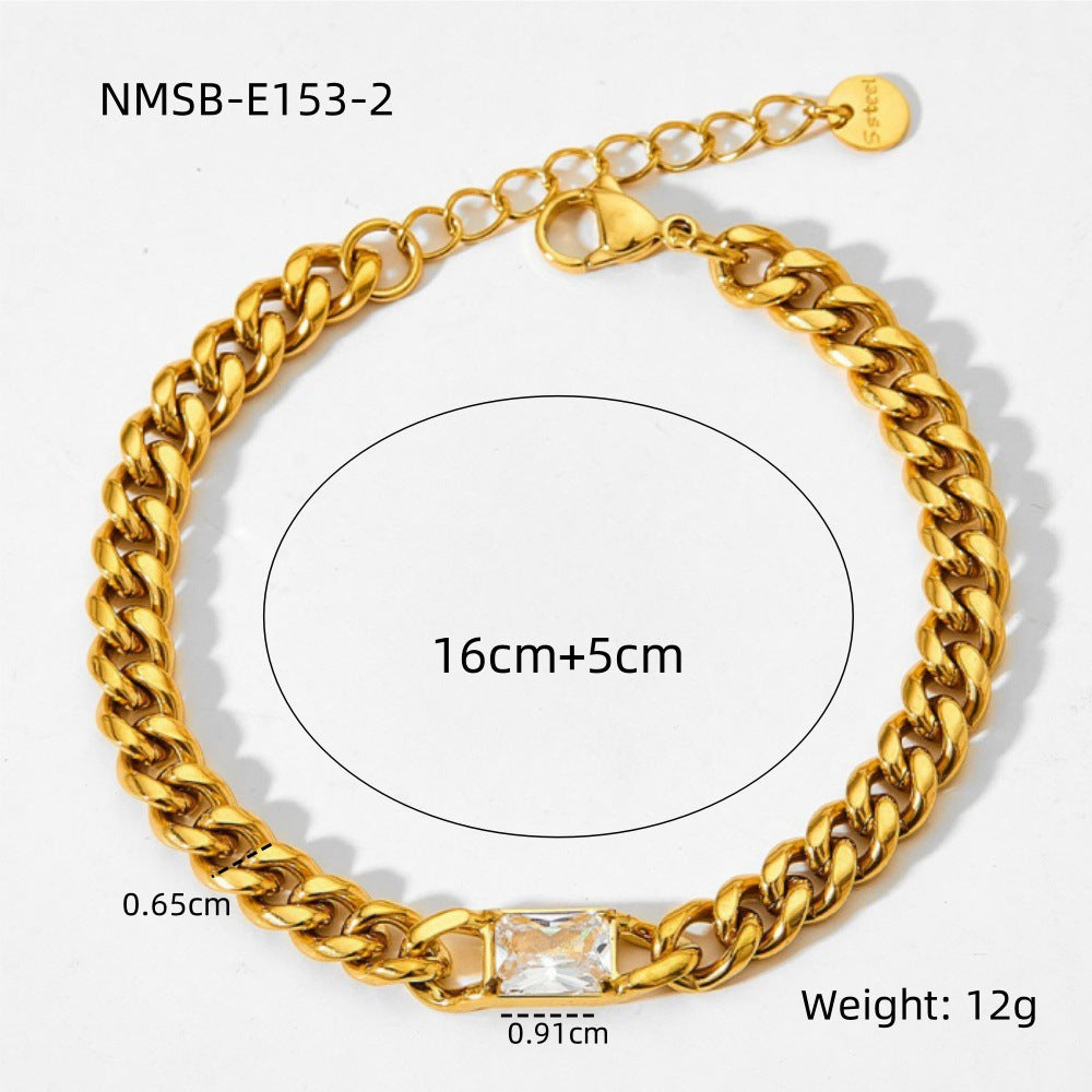 Fashionable Geometric Titanium Steel Bracelet for Women with Gold Plating and Rhinestone Inlay, Minimalist and Versatile Design