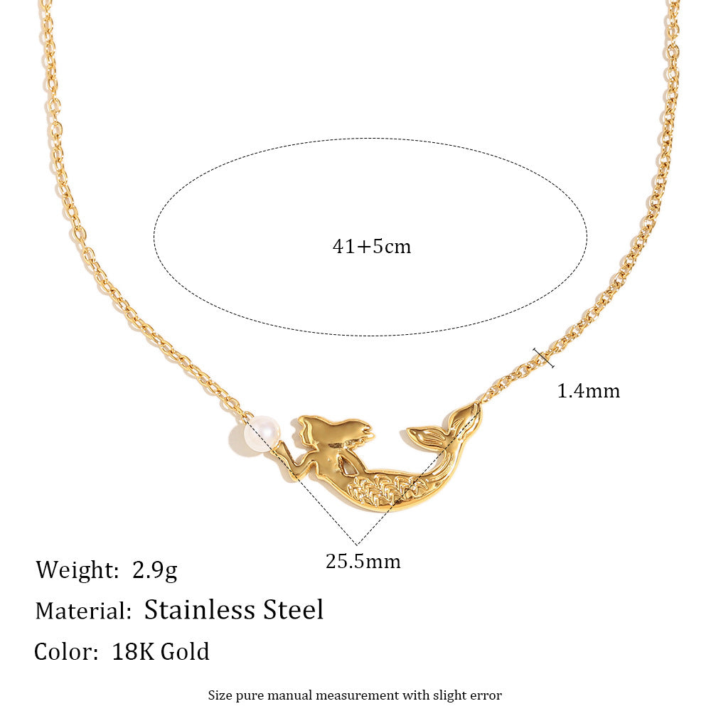 Set di collana e bracciale da donna con ciondolo a sirena, minimalista, in acciaio inossidabile con placcatura in oro 18 carati e perle simulate
