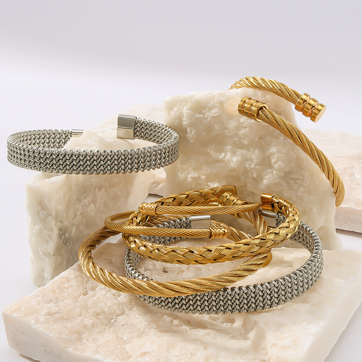 Minimalist Geometric Textured Titanium Steel Bracelet with 18K Vacuum Gold Plating for Women