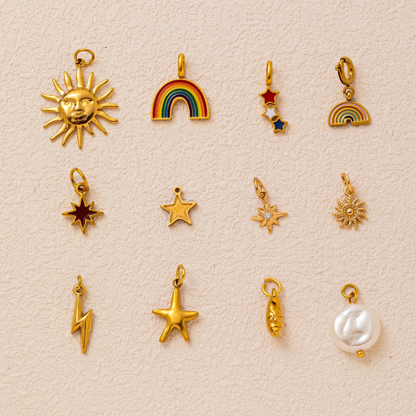 Vintage 18K Gold Plated Stainless Steel Star Sun Charm Bar for Women