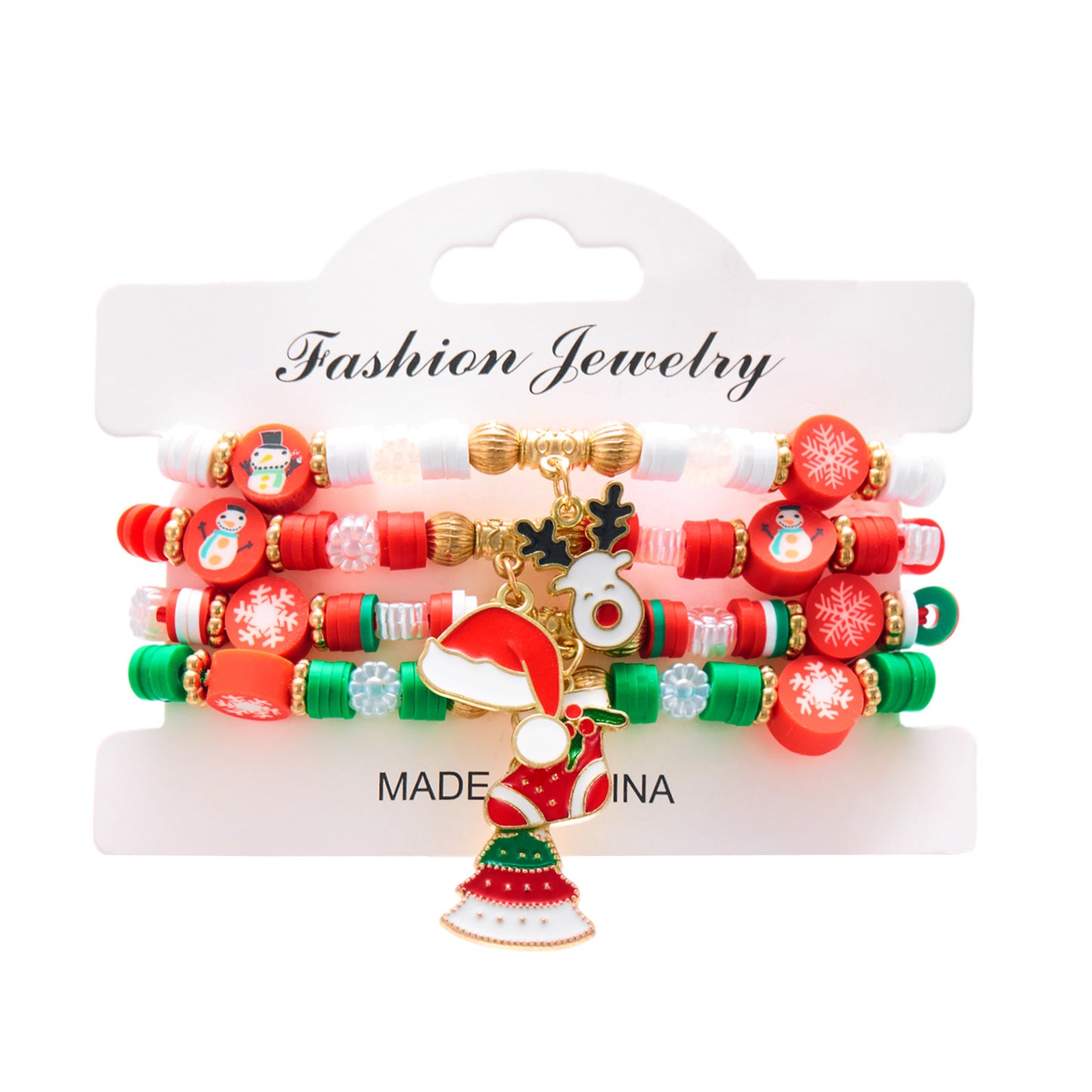 Juego de Pulseras Artesanales Navideñas con Dijes de Papá Noel y Renos en Resina, Arcilla Polimérica y Aleación con Detalles de Cristal y Vidrio para Mujer