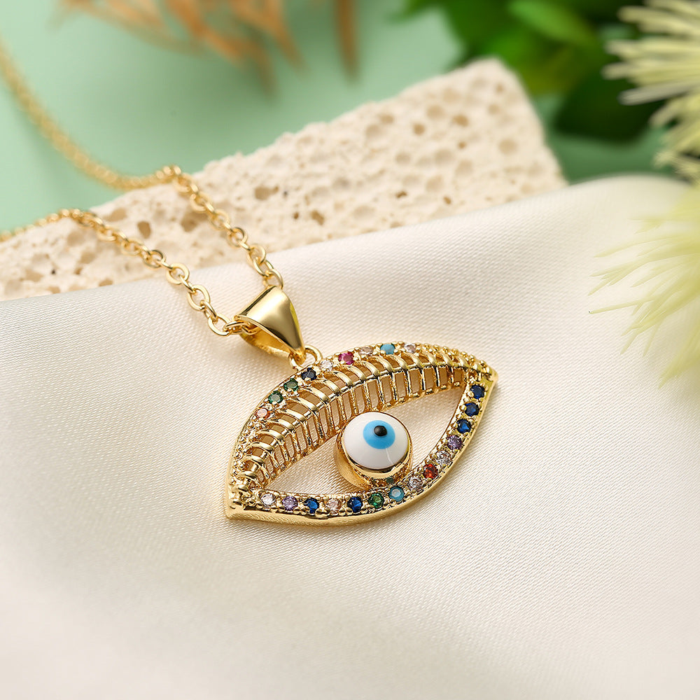 Collana con Ciondolo Occhio di Allah Geometrico Minimalista da Donna con Base in Rame Placcato Oro 18K e Intarsio di Zirconi