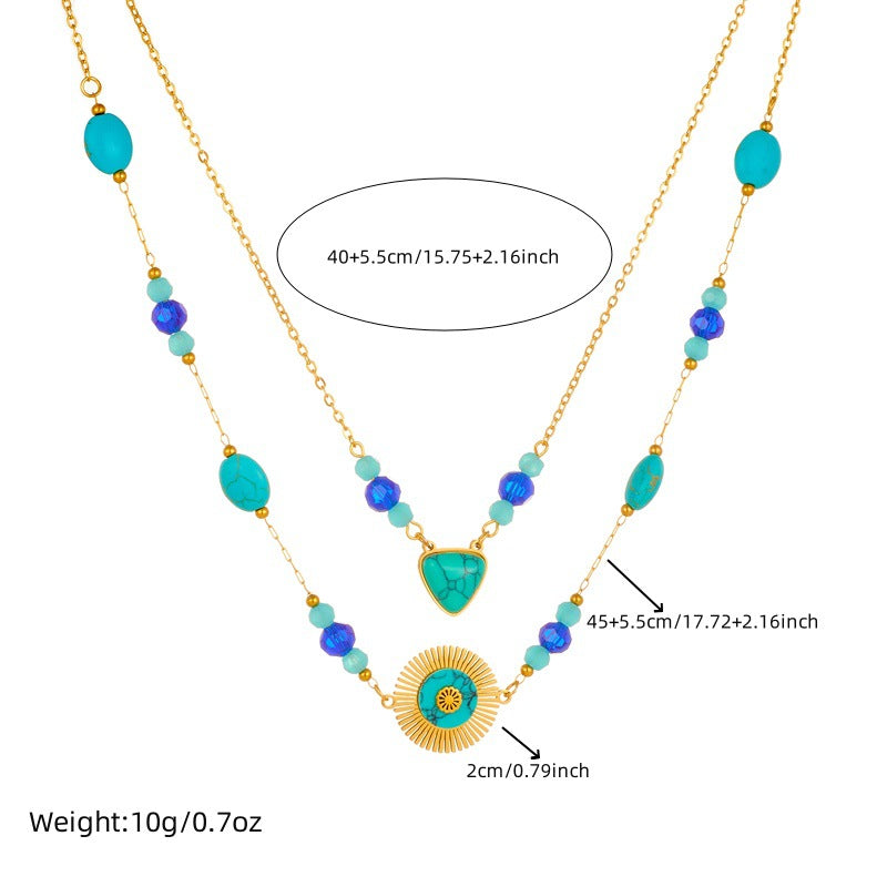 Vintage Bohemian Geometric Round Triangle Stainless Steel Plated Layered Beaded Turquoise Pendant Necklace for Women