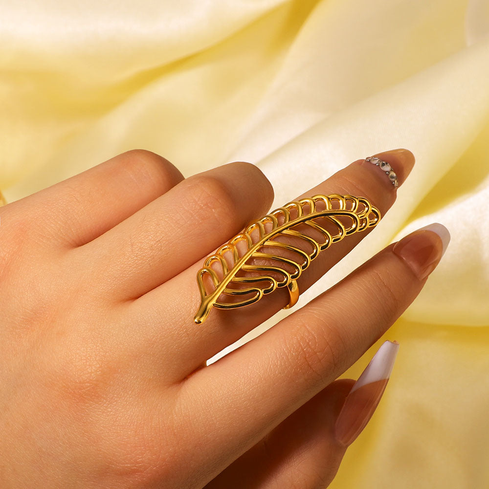 Minimalist Asymmetrical Leaf-Shaped Stainless Steel Ring with Wavy Geometric Lines and Electroplated Finish for Women and Men