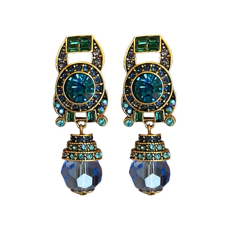 Vintage Chic Geometric Alloy Ear Clips with Blue Crystal Inlay Electroplated for Women Fashionable and Versatile Luxury-Style Earrings