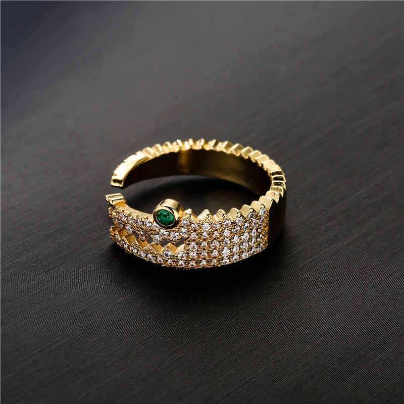 18K Gold Plated Geometric Brass Ring with Micro-Inlaid Cubic Zirconia for Women