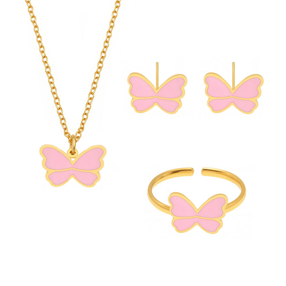 Pink Butterfly Necklace Set for Girls with Stainless Steel Chain and Titanium Steel Pendant, Enamel Finish, Fashionable Minimalist Jewelry Collection Including Necklace, Bracelet, Ring, and Earrings