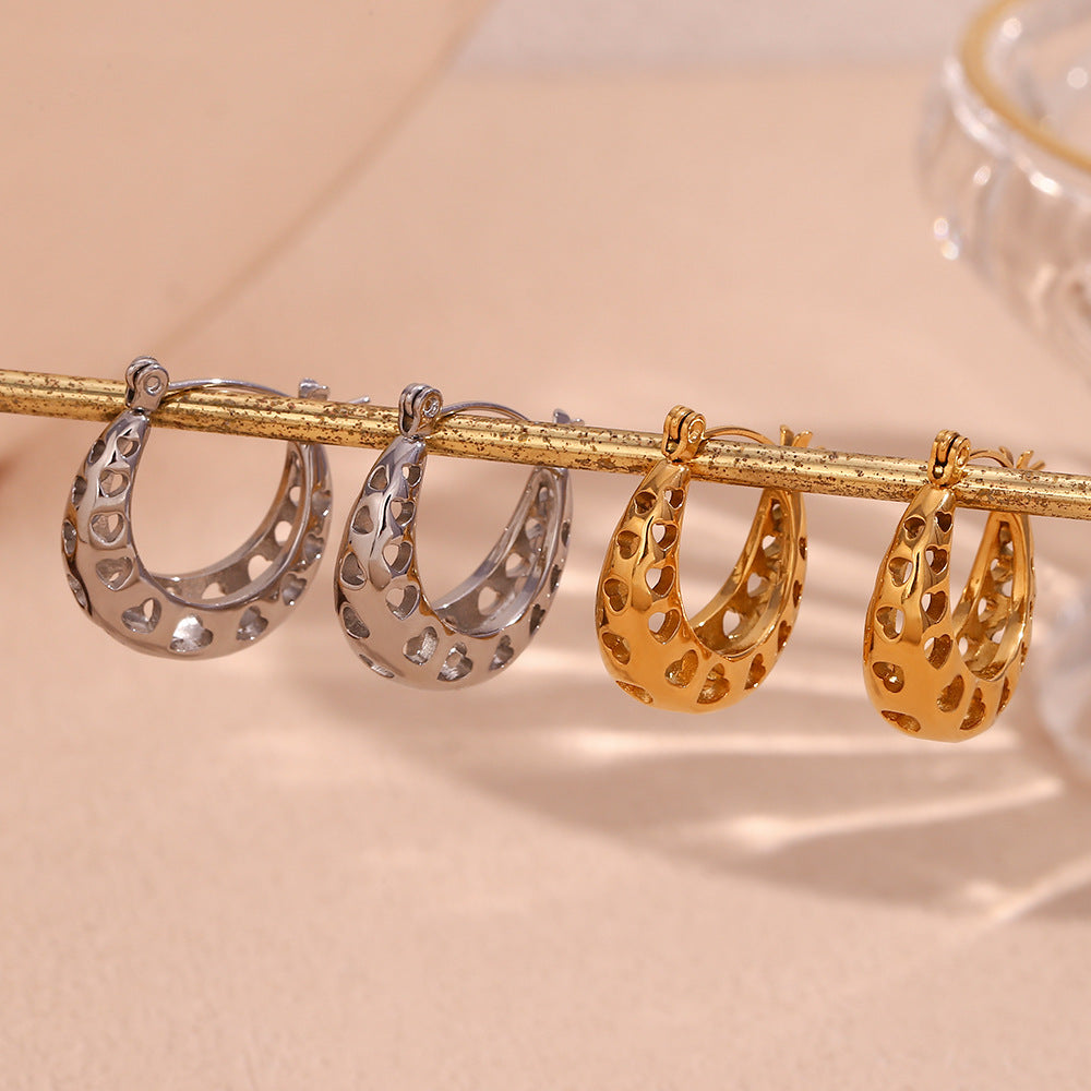 Fashionable Minimalist U-Shaped Geometric Stainless Steel Earrings with 18K Gold Plating and Hollow Heart Detail for Women