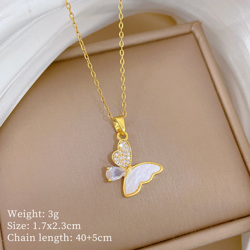 Sweet Elegant Butterfly Cubic Zirconia Plated Titanium Steel Necklace for Unisex