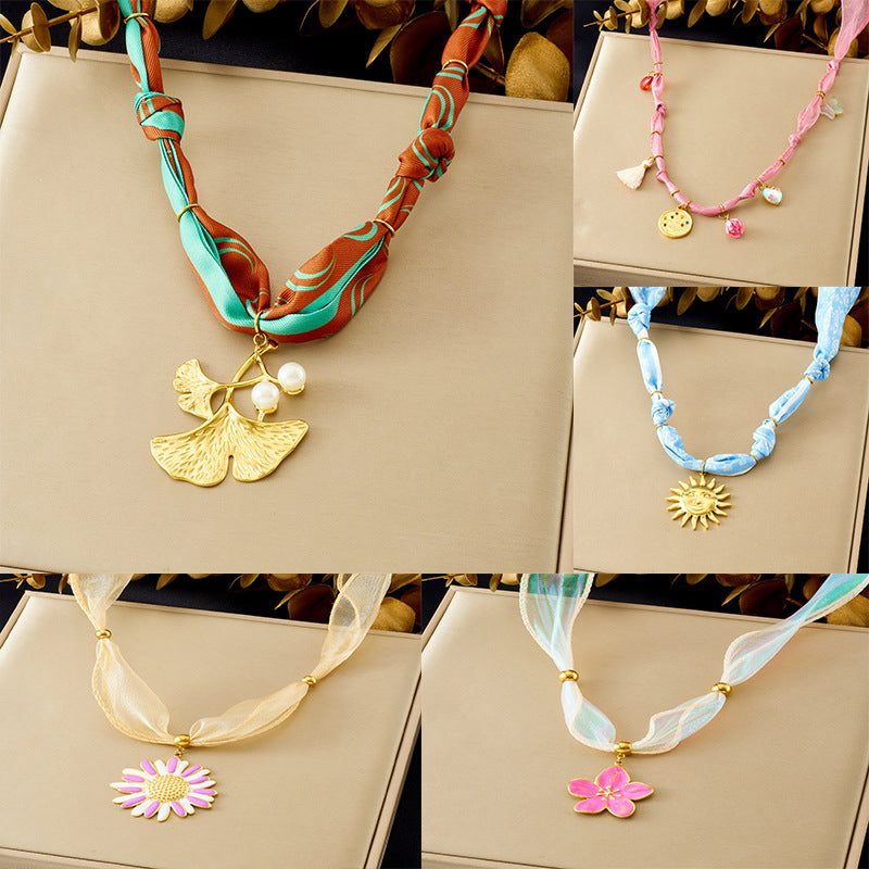 Elegant Gold Plated Stainless Steel Drip Oil Floral Ribbon Pendant Necklace for Women