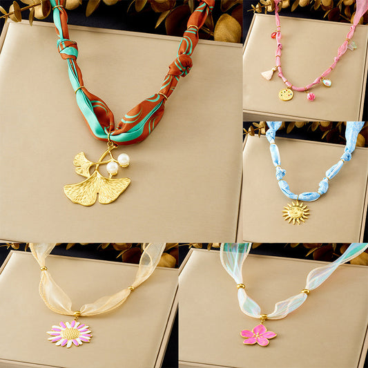 Elegant Gold Plated Stainless Steel Drip Oil Floral Ribbon Pendant Necklace for Women
