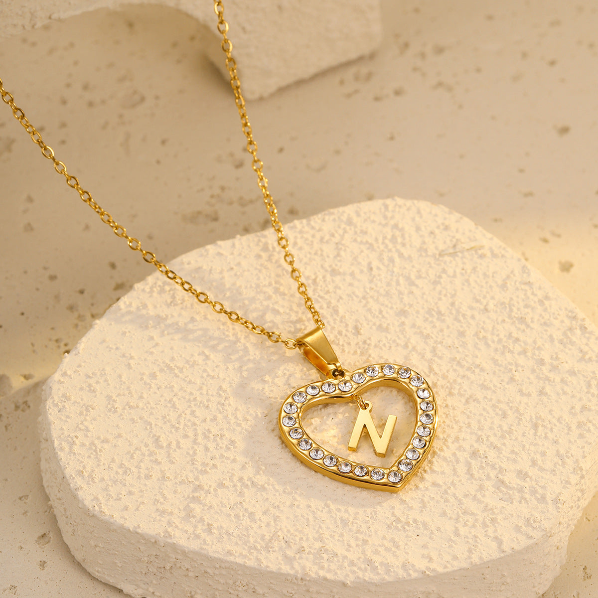 Fashionable Heart-Shaped Stainless Steel Necklace with 18K Gold Plating and Zircon Inlay for Women