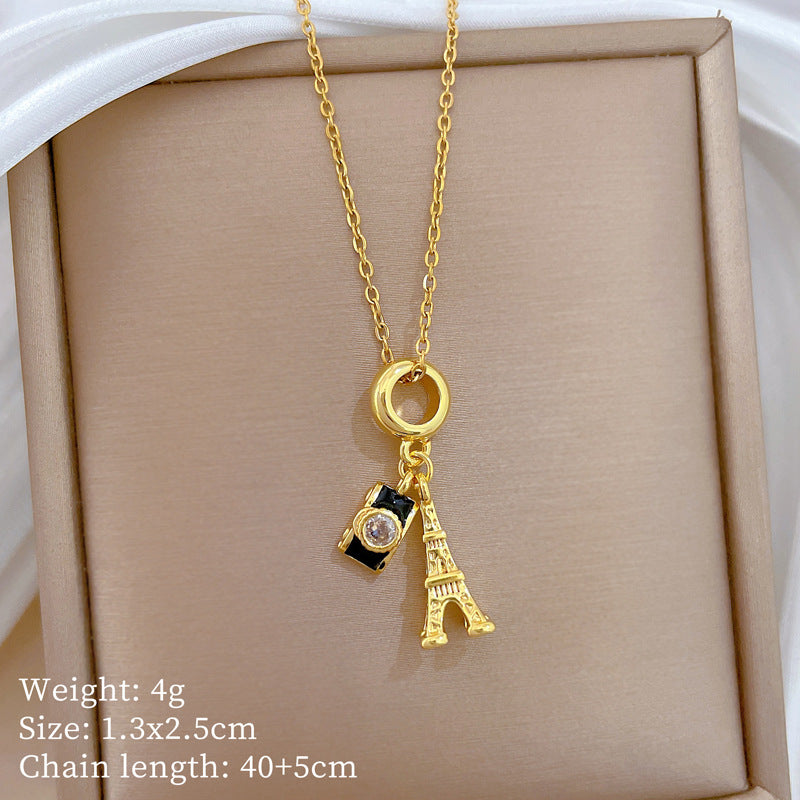Sweet Geometric Camera Tower Rhinestone Plated Titanium Steel Necklace for Unisex