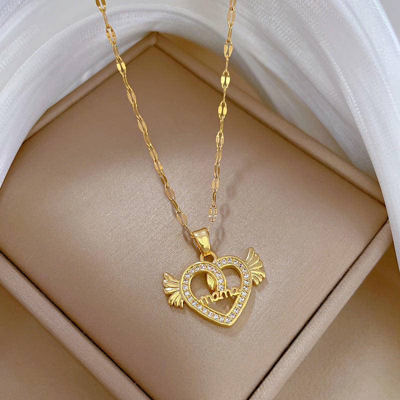 Collana Minimalista con Ciondolo Cuore Angelo da Donna in Acciaio al Titanio con Finitura Placcata, Delicata Catena per Clavicole