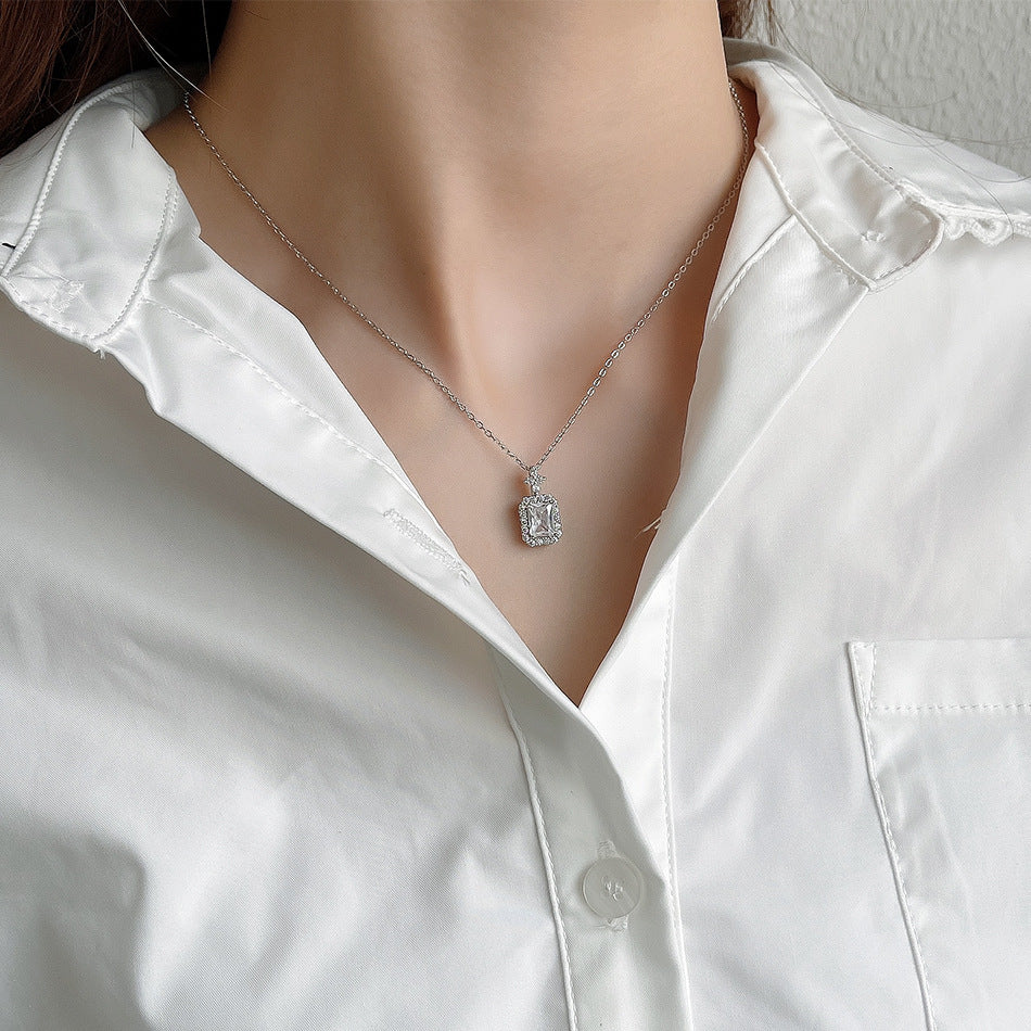 Minimalist Geometric S925 Sterling Silver Necklace with Zircon Inlay and Silver Beads