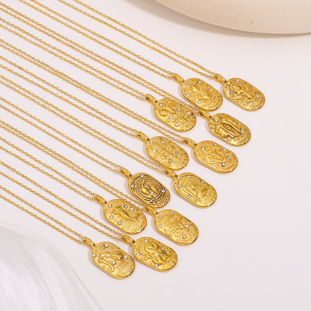 Minimalist Square Zodiac Pendant Necklace in Stainless Steel with Rhinestone Inlay and 18K Vacuum Plating for Women