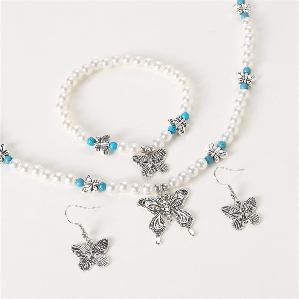 Set Collana con Ciondolo Farfalla Minimalista per Ragazze, Catena in Lega con Accenti di Perle, Gioielli per Bambini Stile Dolce