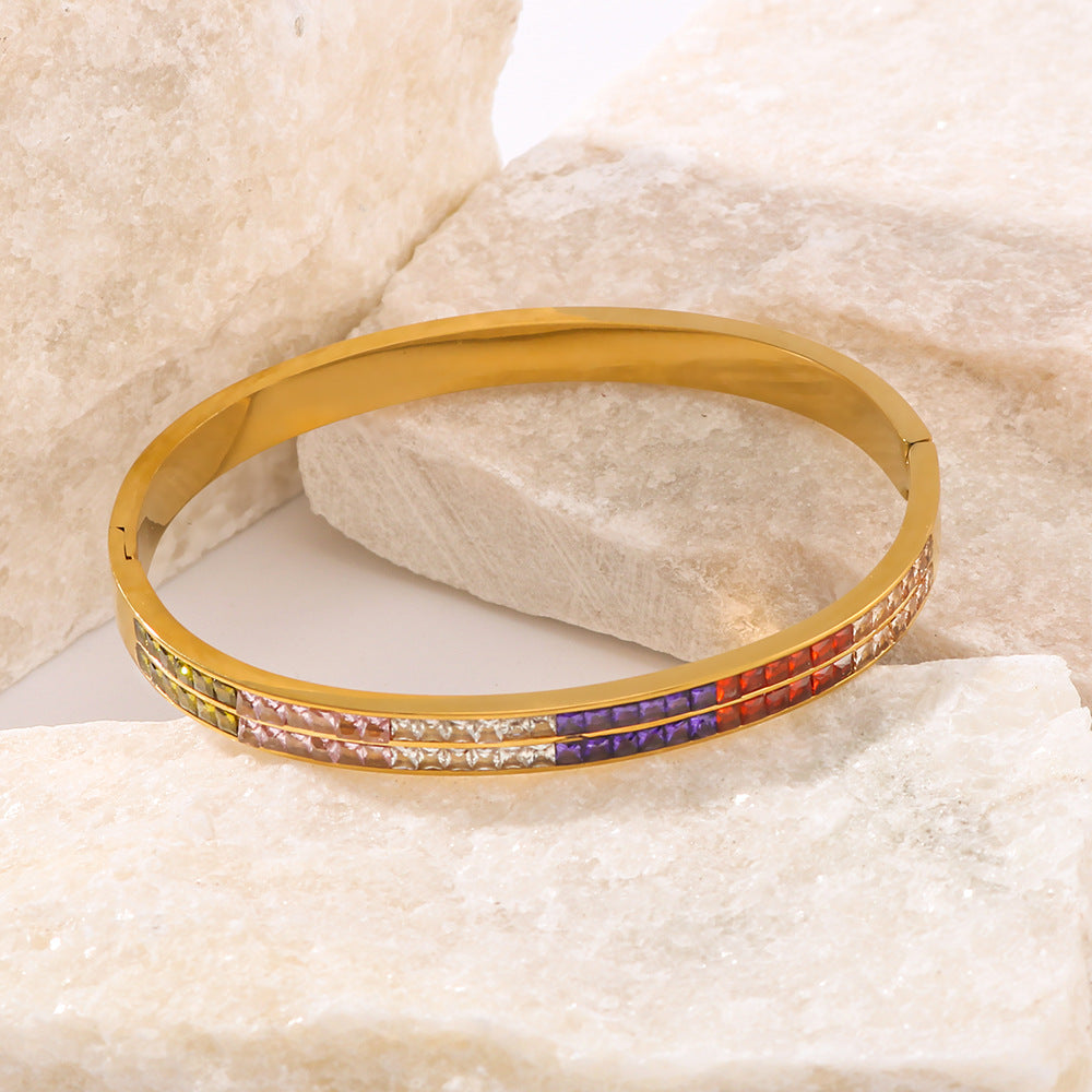 Trendy Asymmetric Rainbow PVD Plated Stainless Steel Bracelet with Colorful Rhinestones 18K Gold