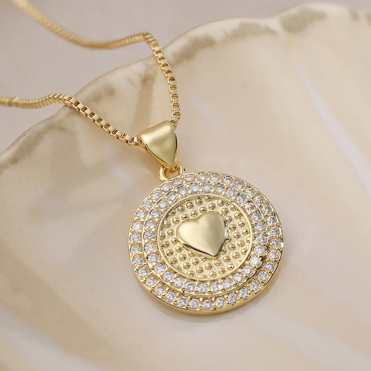 Minimalist 18K Gold Plated Brass Cross Heart Star Round Pendant Necklace with Cubic Zirconia