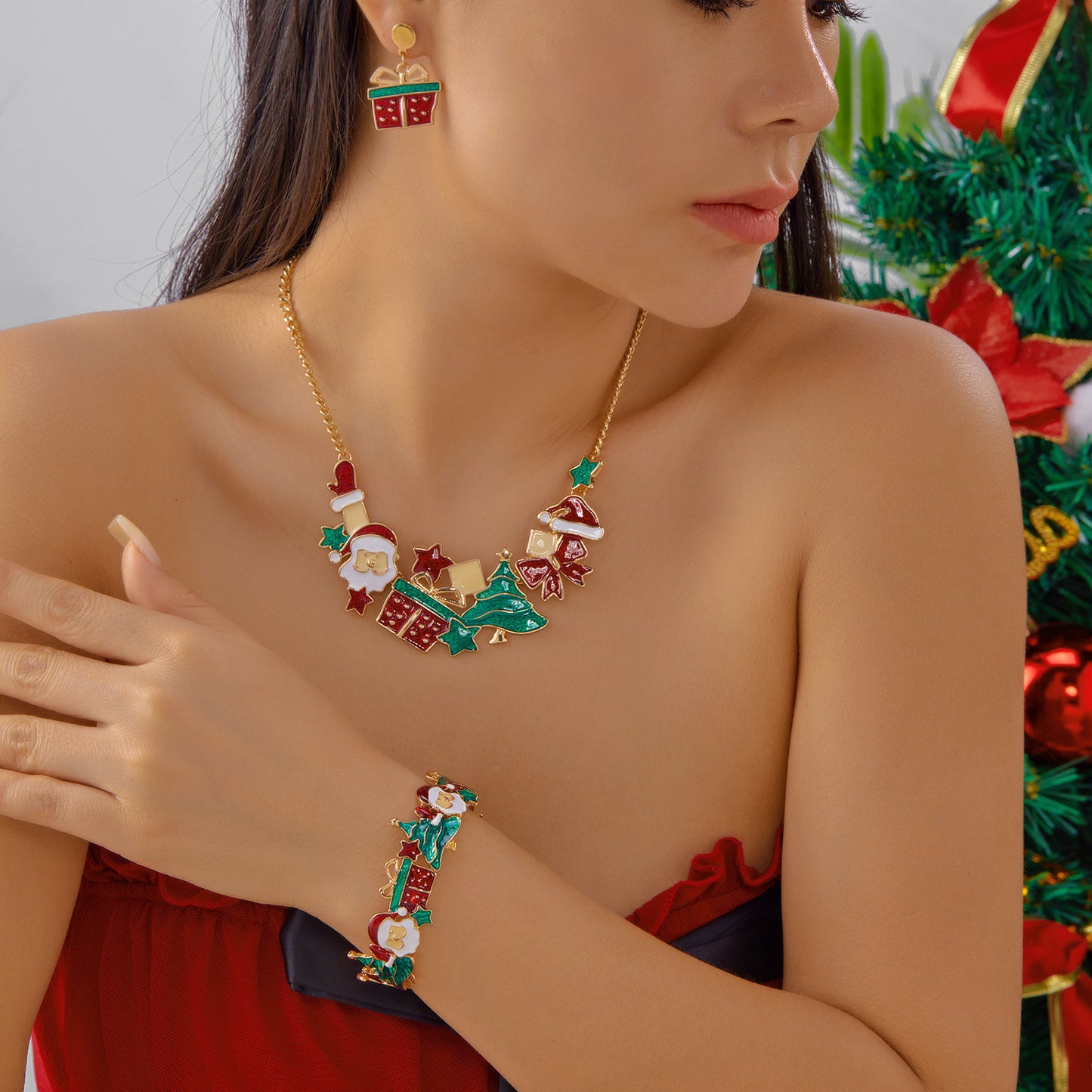 Casual Drip Oil Plated Alloy Christmas Santa Tree Gift Box Necklace Earring Bracelet Set for Women