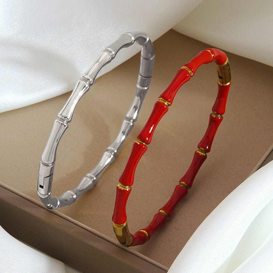 Luxury Geometric Bamboo Joint Stainless Steel Drip Oil 18K Gold Plated Bracelet