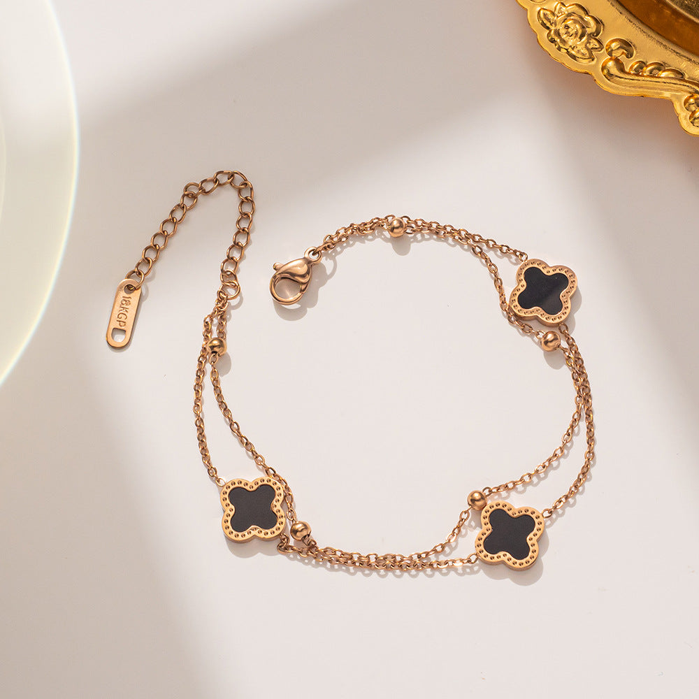 Fashion Double Layer Four Leaf Clover Bracelet 18K Rose Gold Plated Titanium Steel Geometric Design Women Jewelry