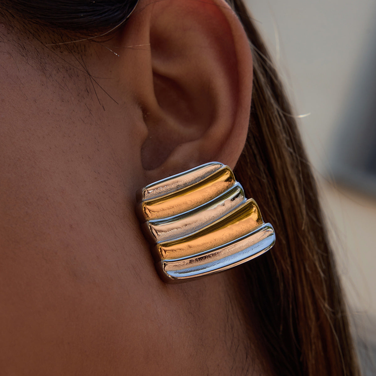 Luxury Elegant Geometric Square Two-Tone Stainless Steel Stud Earrings with Titanium Steel Posts
