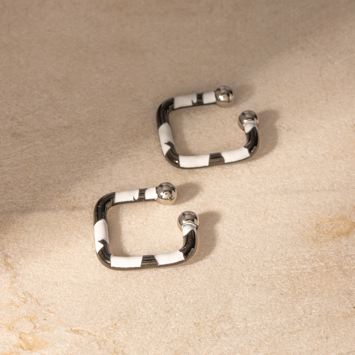Minimalist Zebra-Print Enamel Stainless Steel Geometric Square Clip-On Earrings for Women