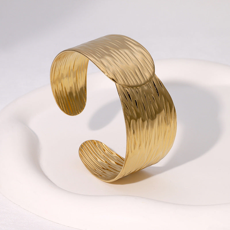 Vintage French Minimalist Wide Stainless Steel Irregular Open Bangle Bracelet for Women with Gold Plating